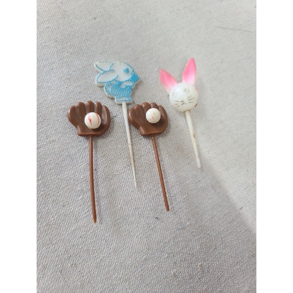 Vintage 1960s Spring Easter lot of 4 HARD PLASTIC Cake Toppers Bunny Glove